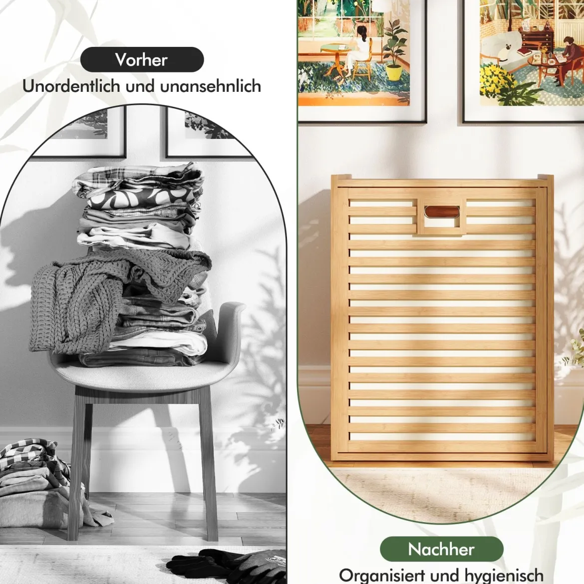 Badregal mit Wäschekorb 68 L Regal aus Bambus Badschrank mit Ablage Natur 50 x 35 x 64 cm
