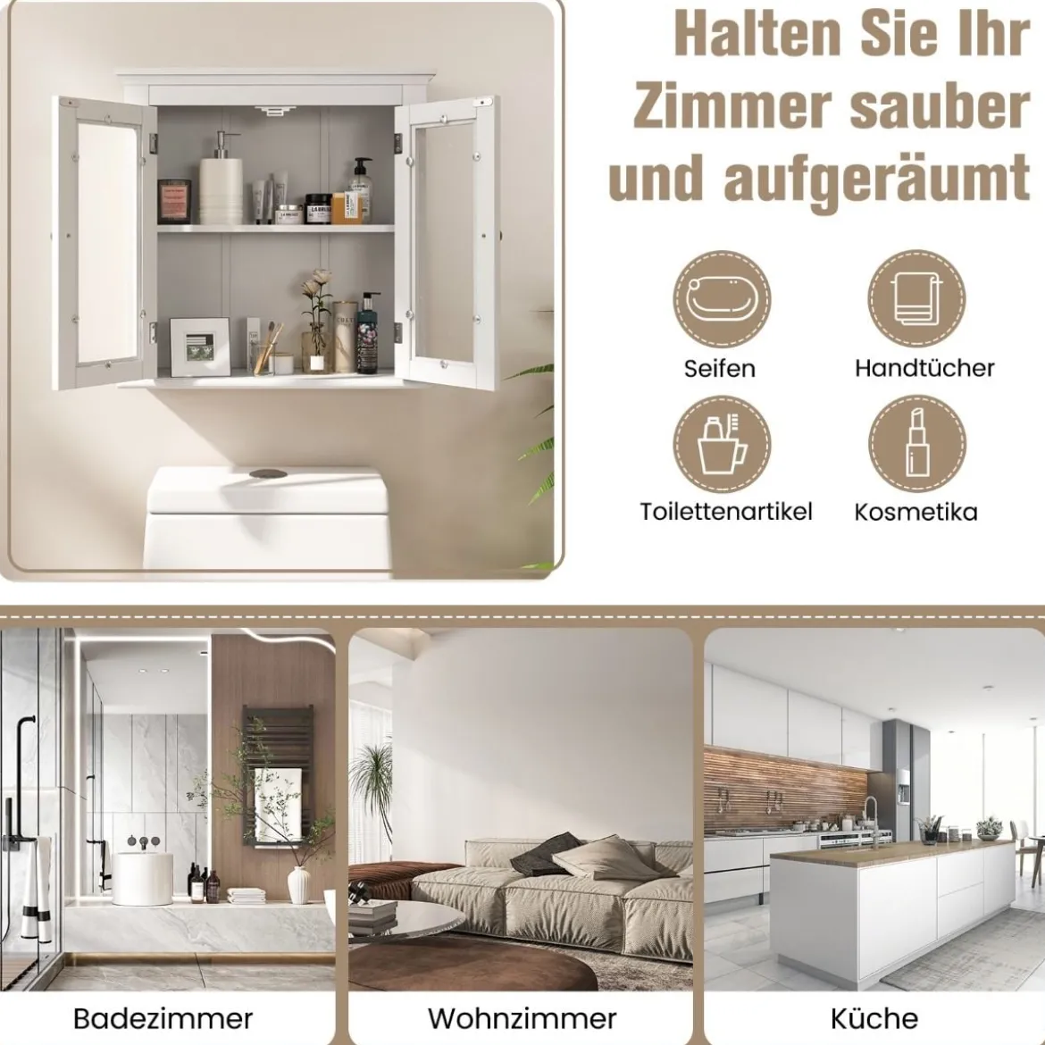 Badschrank Holz Hängeschrank mit Verstellbarem Einlegeboden 51 x 17 x 51 cm Weiß