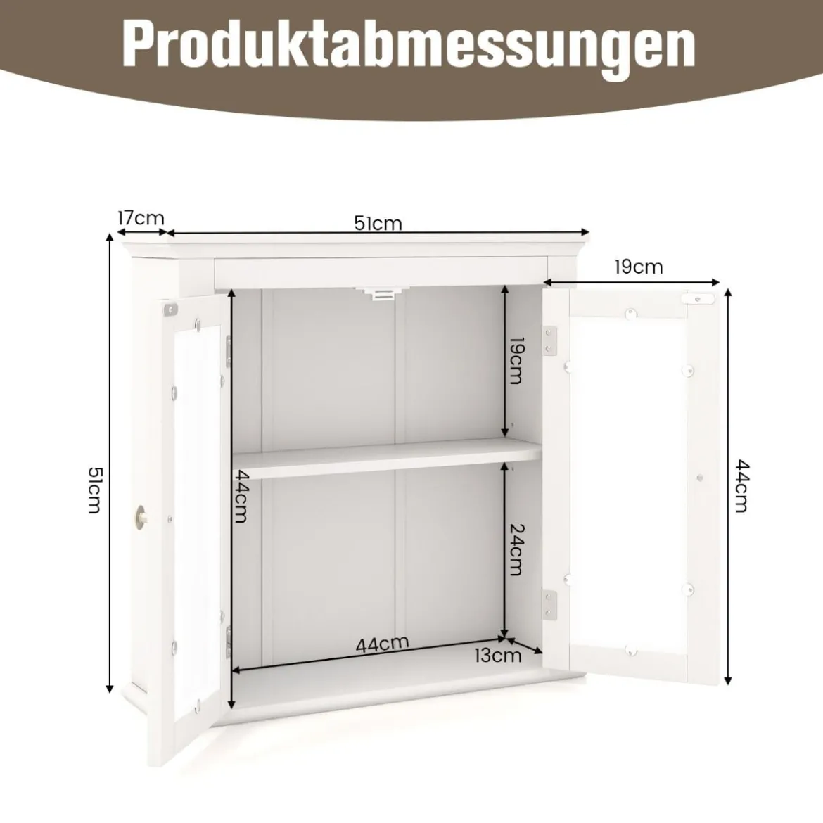 Badschrank Holz Hängeschrank mit Verstellbarem Einlegeboden 51 x 17 x 51 cm Weiß