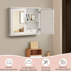 Badschrank mit Doppelten Spiegeltüren & 2 Regalen 60 x 50 x 14,5 cm Weiß