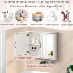 Badschrank mit Doppelten Spiegeltüren & 2 Regalen 60 x 50 x 14,5 cm Weiß