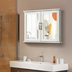 Badschrank mit Doppelten Spiegeltüren & 2 Regalen 60 x 50 x 14,5 cm Weiß