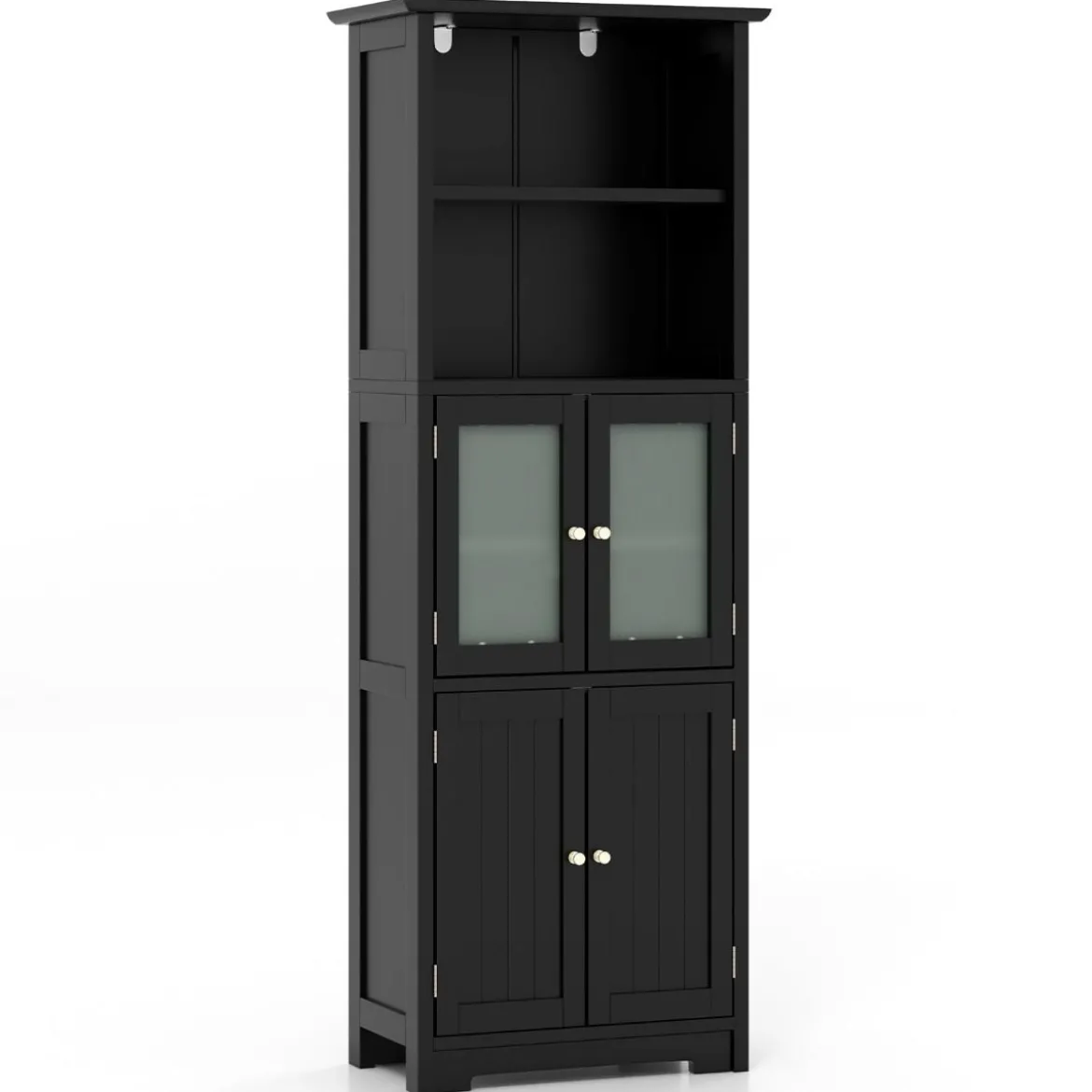 Badschrank mit Glastüren 2 offenen Fächern und verstellbaren Regalen Grau/Schwarz/Weiß