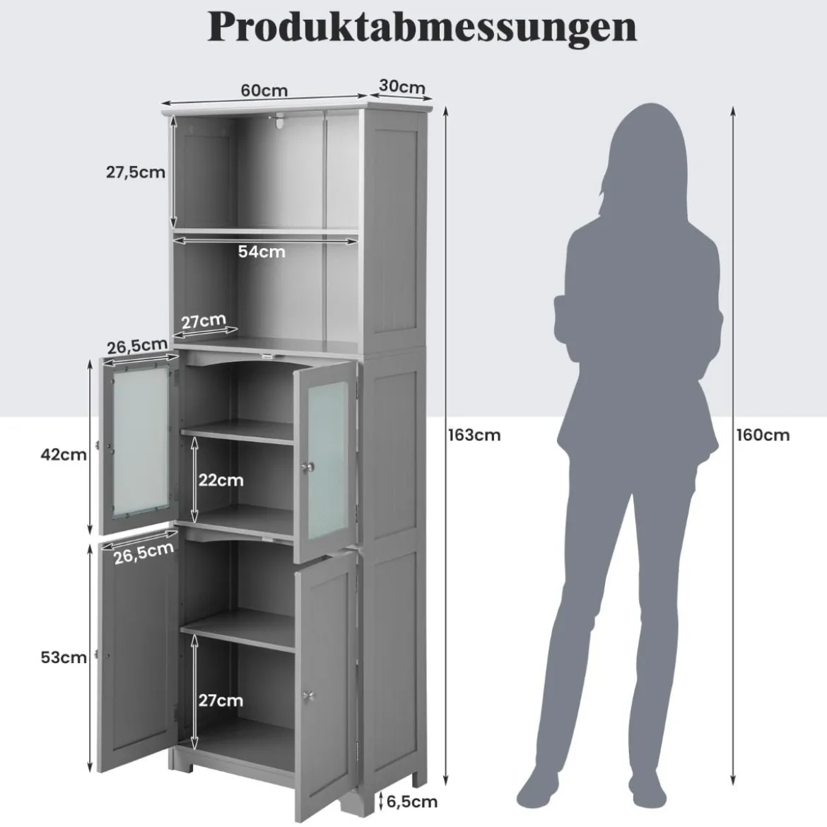 Badschrank mit Glastüren 2 offenen Fächern und verstellbaren Regalen Grau/Schwarz/Weiß