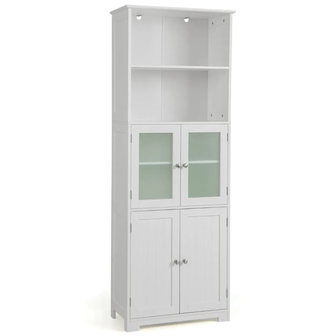 Badschrank mit Glastüren 2 offenen Fächern und verstellbaren Regalen Grau/Schwarz/Weiß