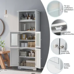 Badschrank mit Glastüren 2 offenen Fächern und verstellbaren Regalen Grau/Schwarz/Weiß