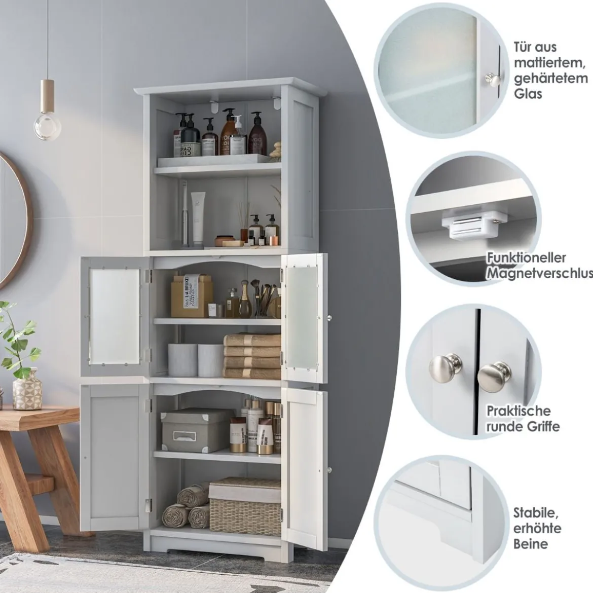 Badschrank mit Glastüren 2 offenen Fächern und verstellbaren Regalen Grau/Schwarz/Weiß