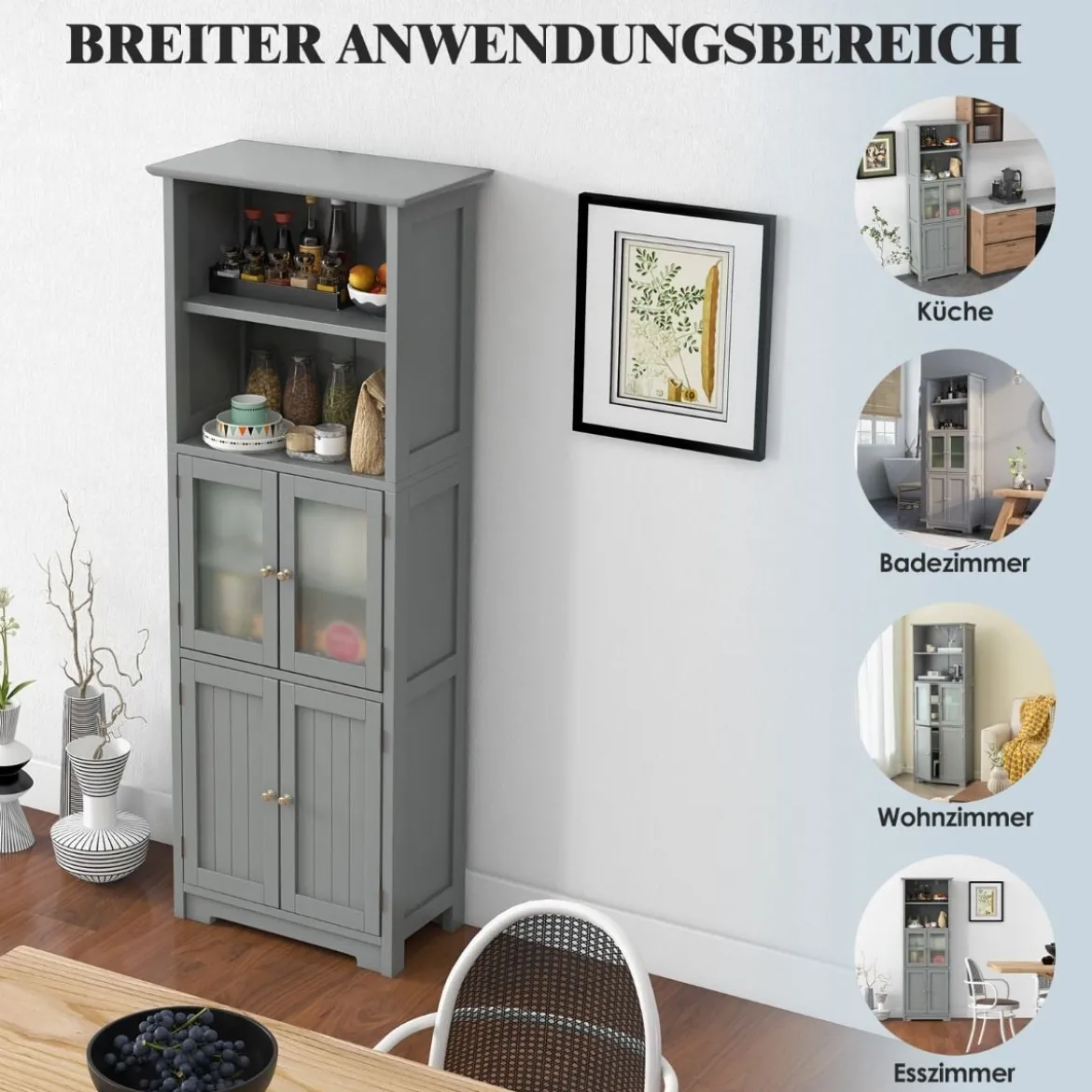Badschrank mit Glastüren 2 offenen Fächern und verstellbaren Regalen Grau/Schwarz/Weiß
