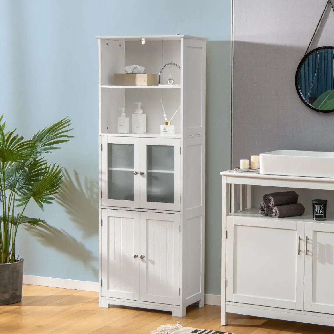 Badschrank mit Glastüren 2 offenen Fächern und verstellbaren Regalen Grau/Schwarz/Weiß