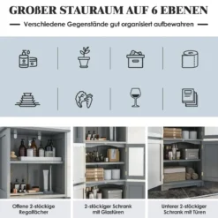 Badschrank mit Glastüren 2 offenen Fächern und verstellbaren Regalen Grau/Schwarz/Weiß