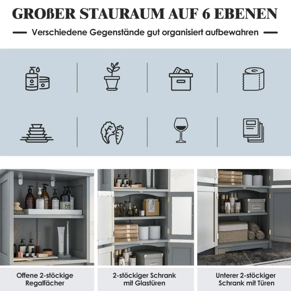 Badschrank mit Glastüren 2 offenen Fächern und verstellbaren Regalen Grau/Schwarz/Weiß