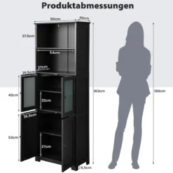 Badschrank mit Glastüren 2 offenen Fächern und verstellbaren Regalen Grau/Schwarz/Weiß
