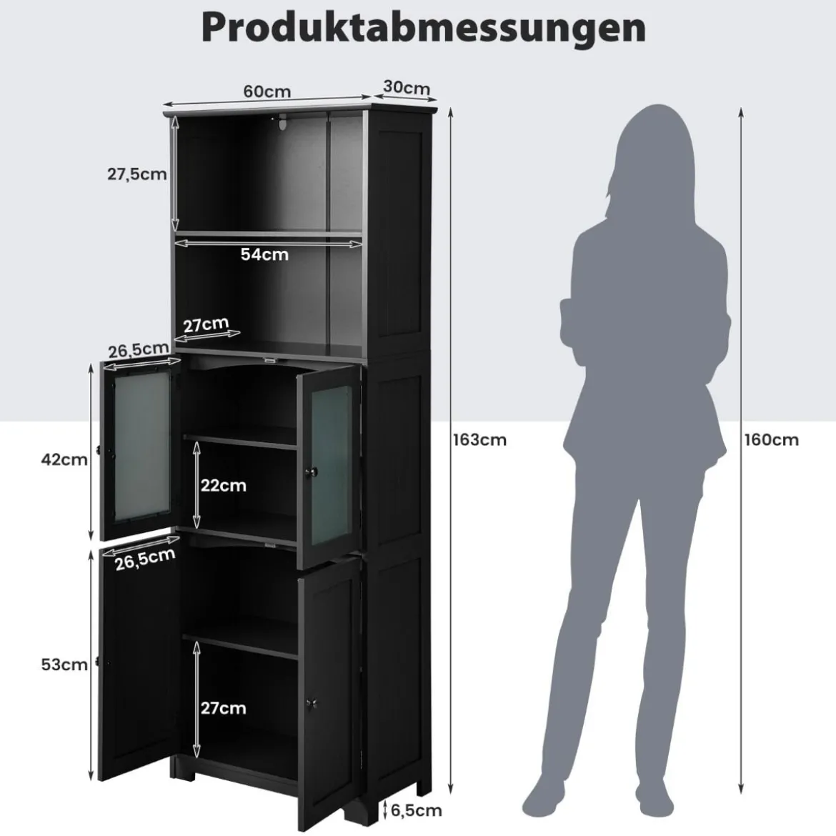 Badschrank mit Glastüren 2 offenen Fächern und verstellbaren Regalen Grau/Schwarz/Weiß