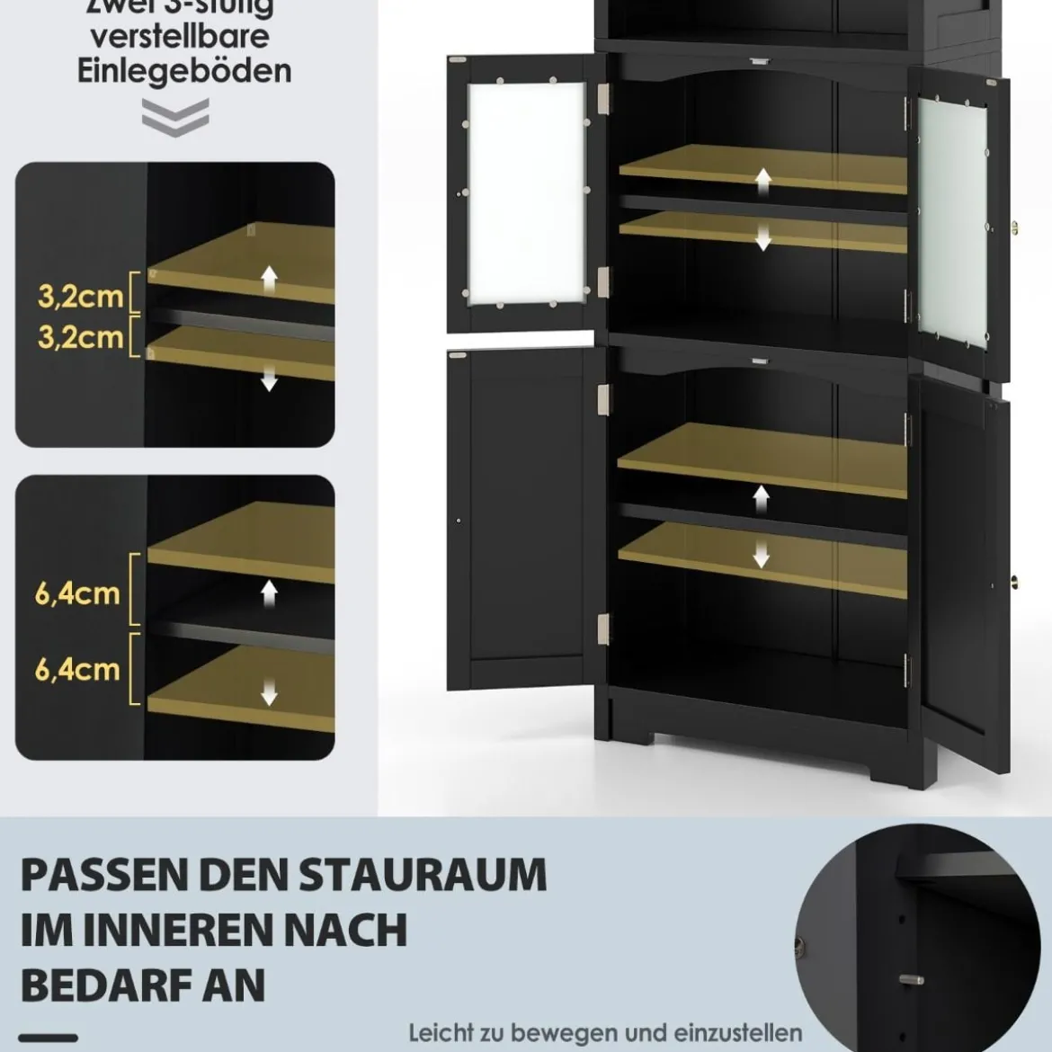 Badschrank mit Glastüren 2 offenen Fächern und verstellbaren Regalen Grau/Schwarz/Weiß