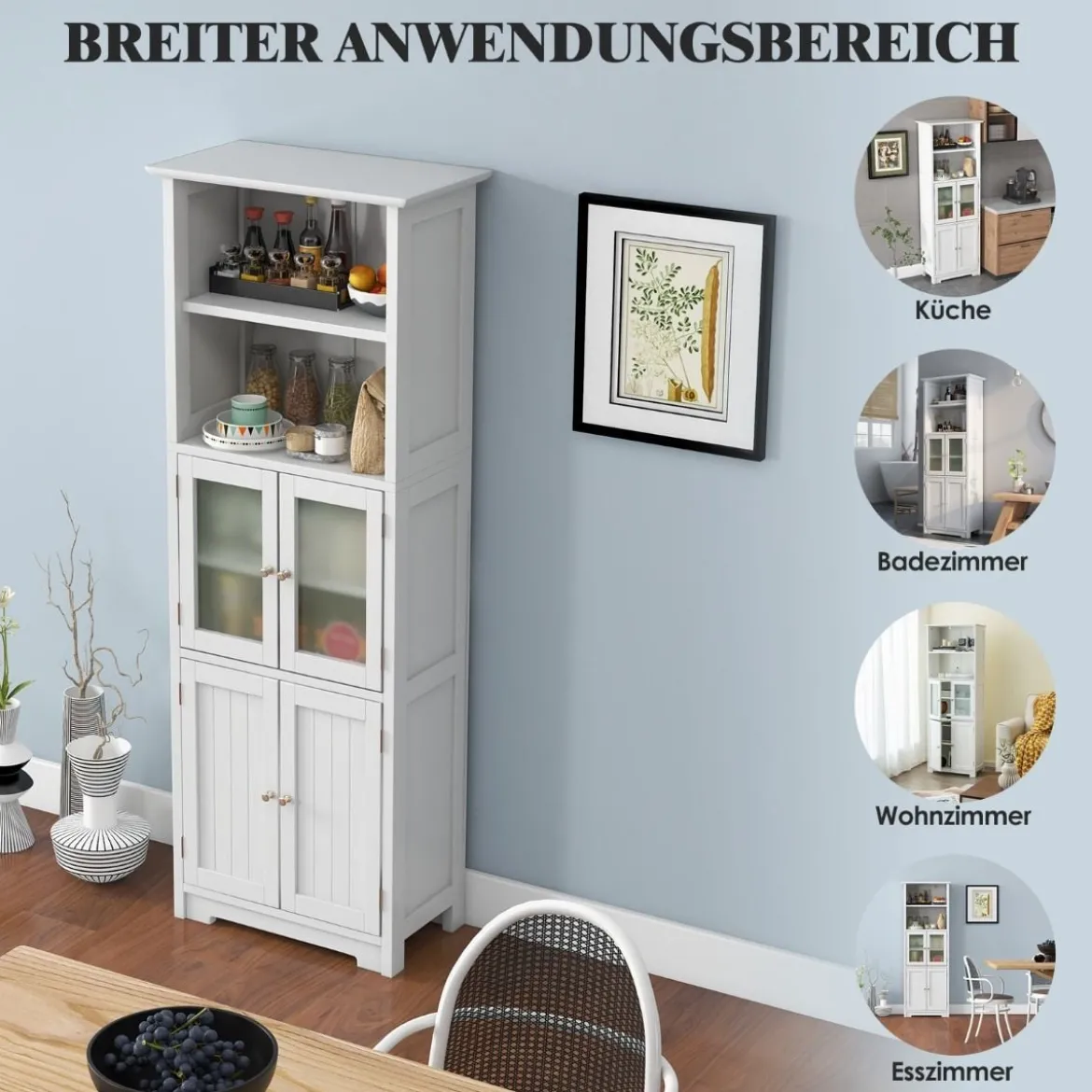 Badschrank mit Glastüren 2 offenen Fächern und verstellbaren Regalen Grau/Schwarz/Weiß