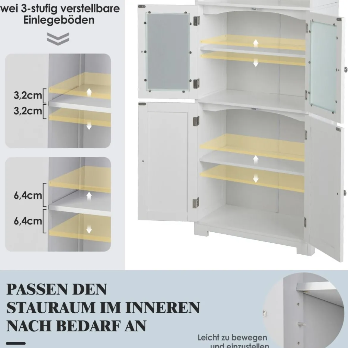 Badschrank mit Glastüren 2 offenen Fächern und verstellbaren Regalen Grau/Schwarz/Weiß