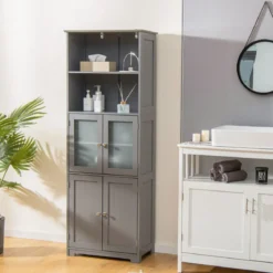 Badschrank mit Glastüren 2 offenen Fächern und verstellbaren Regalen Grau/Schwarz/Weiß