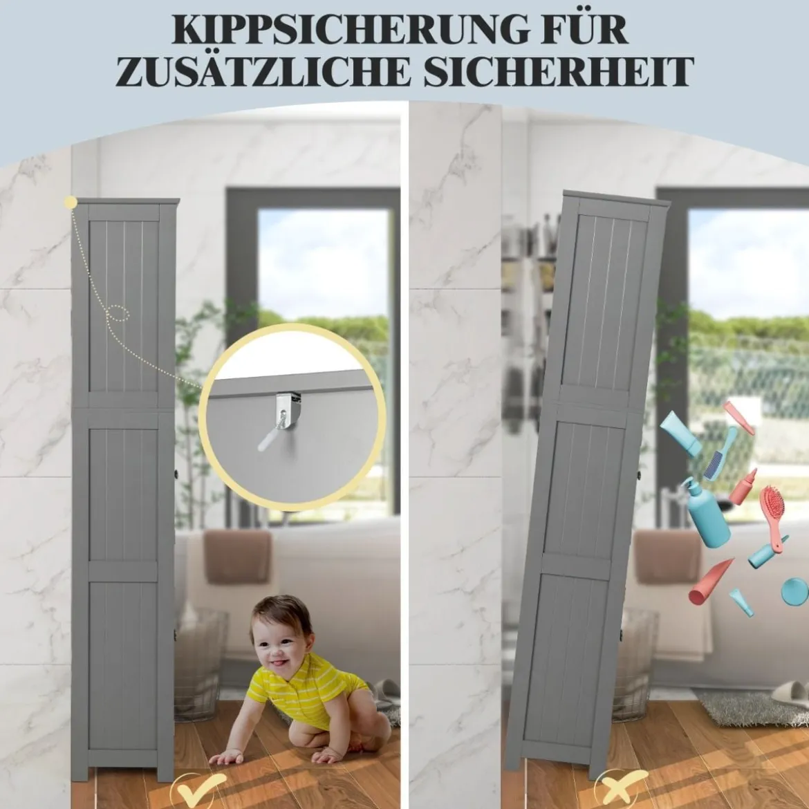 Badschrank mit Glastüren 2 offenen Fächern und verstellbaren Regalen Grau/Schwarz/Weiß