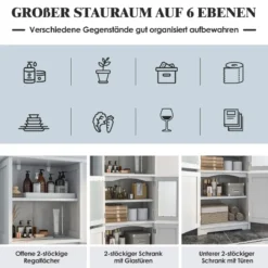 Badschrank mit Glastüren 2 offenen Fächern und verstellbaren Regalen Grau/Schwarz/Weiß