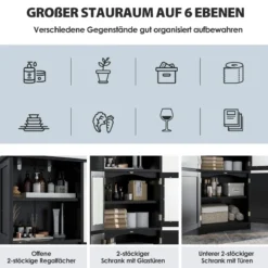 Badschrank mit Glastüren 2 offenen Fächern und verstellbaren Regalen Grau/Schwarz/Weiß