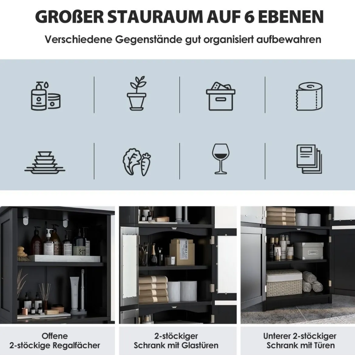 Badschrank mit Glastüren 2 offenen Fächern und verstellbaren Regalen Grau/Schwarz/Weiß
