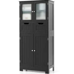 Badschrank mit 2 Schubladen und 4 Türen Badezimmerschrank mit verstellbaren Regalen Schwarz