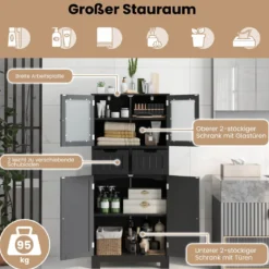 Badschrank mit 2 Schubladen und 4 Türen Badezimmerschrank mit verstellbaren Regalen Schwarz