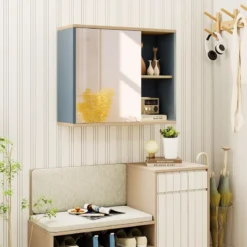 Badschrank mit Spiegel & Verstellbarem Regal & Seitenfächer Wandmontierter Badezimmerschrank