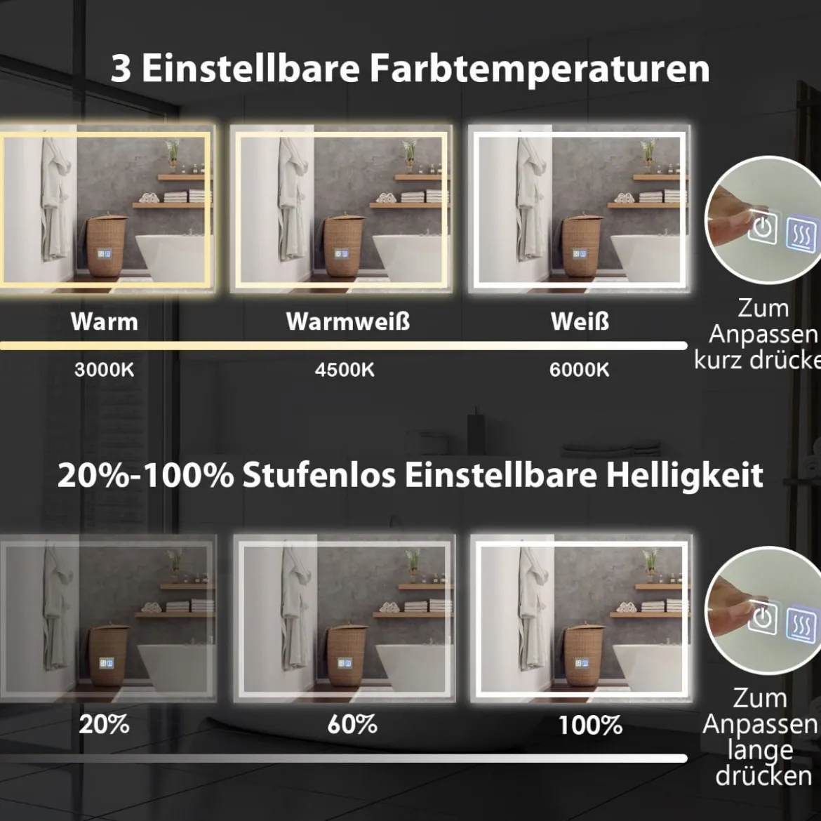 Badspiegel LED-Spiegel mit Einstellbarer Helligkeit und Farbtemperatur 80 x 60 cm
