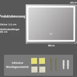 Badspiegel LED-Spiegel mit Einstellbarer Helligkeit und Farbtemperatur 80 x 60 cm