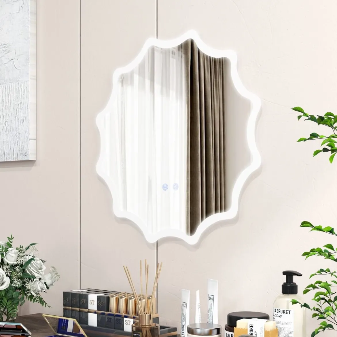 Badspiegel mit Anti-Beschlage Spiegelheizung Welle-Design LED-Spiegel Wandspiegel 60 x 60 cm