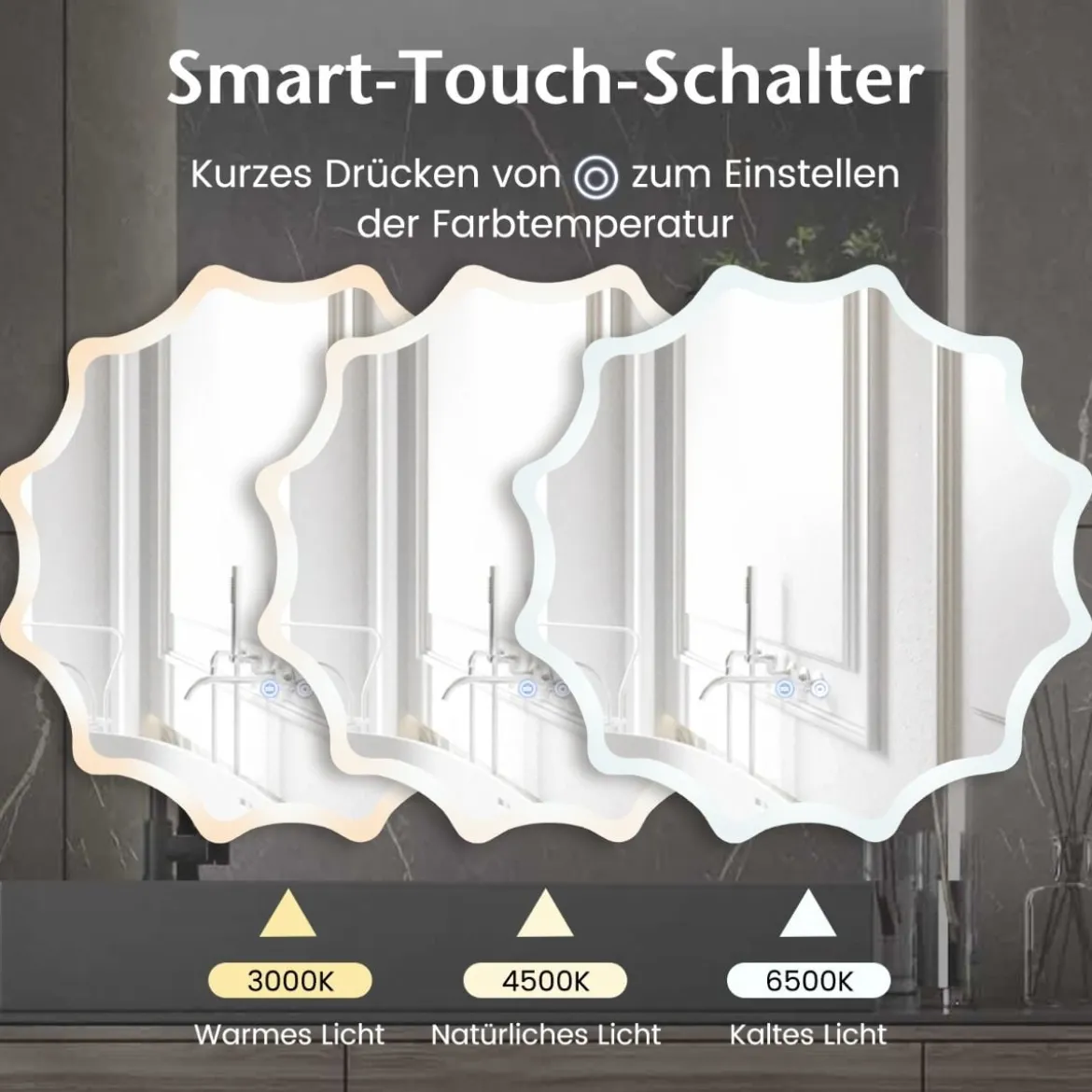 Badspiegel mit Anti-Beschlage Spiegelheizung Welle-Design LED-Spiegel Wandspiegel 60 x 60 cm
