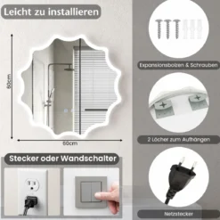 Badspiegel mit Anti-Beschlage Spiegelheizung Welle-Design LED-Spiegel Wandspiegel 60 x 60 cm