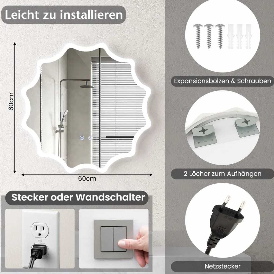 Badspiegel mit Anti-Beschlage Spiegelheizung Welle-Design LED-Spiegel Wandspiegel 60 x 60 cm