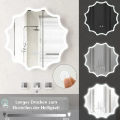 Badspiegel mit Anti-Beschlage Spiegelheizung Welle-Design LED-Spiegel Wandspiegel 60 x 60 cm