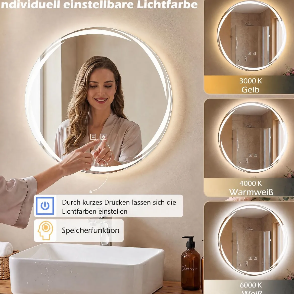 Badspiegel mit Beleuchtung 50 cm Runder LED Badezimmerspiegel Dimmbar mit 3 Lichtfarben
