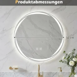 Badspiegel mit Beleuchtung 50 cm Runder LED Badezimmerspiegel Dimmbar mit 3 Lichtfarben