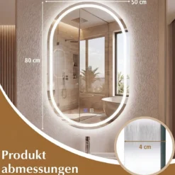 Badspiegel mit Beleuchtung 50 x 80 cm LED Badezimmerspiegel Oval Beschlagfreier Wandspiegel Silber