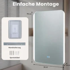 Badspiegel mit LED Beleuchtung 3 Lichtfarben Dimmbar & Stufenlose Helligkeitsregelung 70 x 50 cm