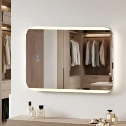 Badspiegel mit LED Beleuchtung 3 Lichtfarben Dimmbar & Stufenlose Helligkeitsregelung 70 x 50 cm