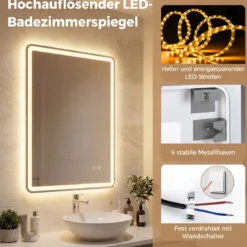 Badspiegel mit LED Beleuchtung & Anti-Beschlag Wandspiegel aus Gehärtetes Glas 70 x 50 x 3 cm