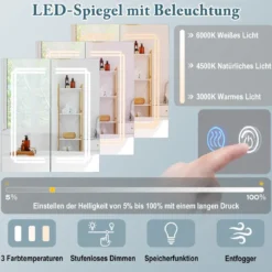Bad Spiegelschrank mit Beleuchtung & 2 Steckdosen & Doppeltüren Anti-Beschlag Hängeschrank
