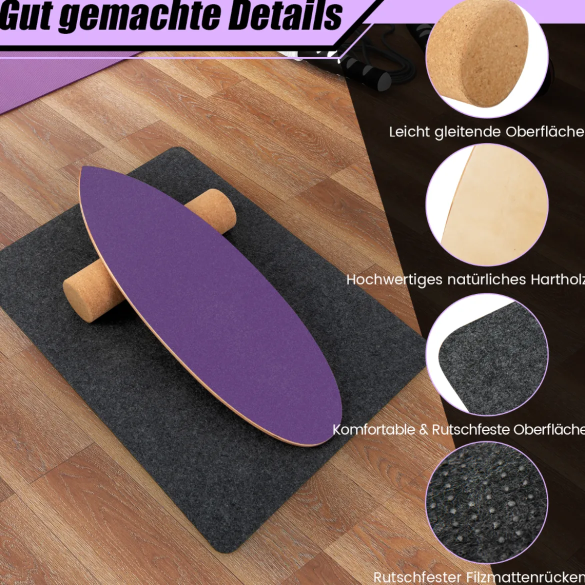 Balance Board aus Holz Balancebrett Balance Trainer Trickboard für zuhause inkl. Korkrolle