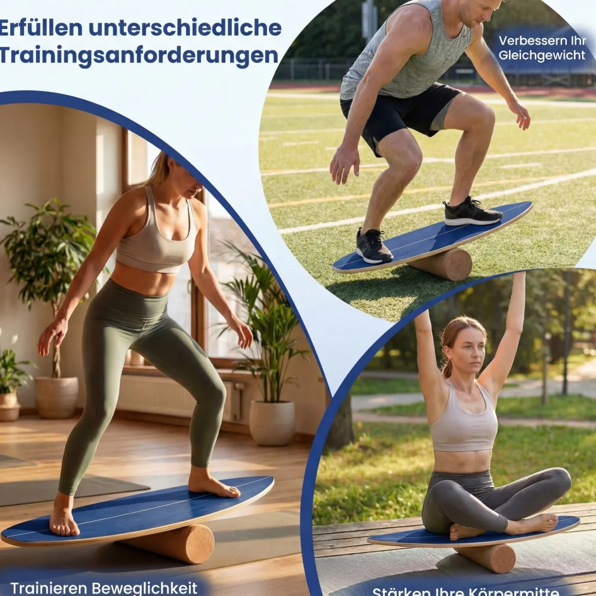 Balance Board für Erwachsene Holz Gleichgewichtstrainer mit Korkrolle Blau