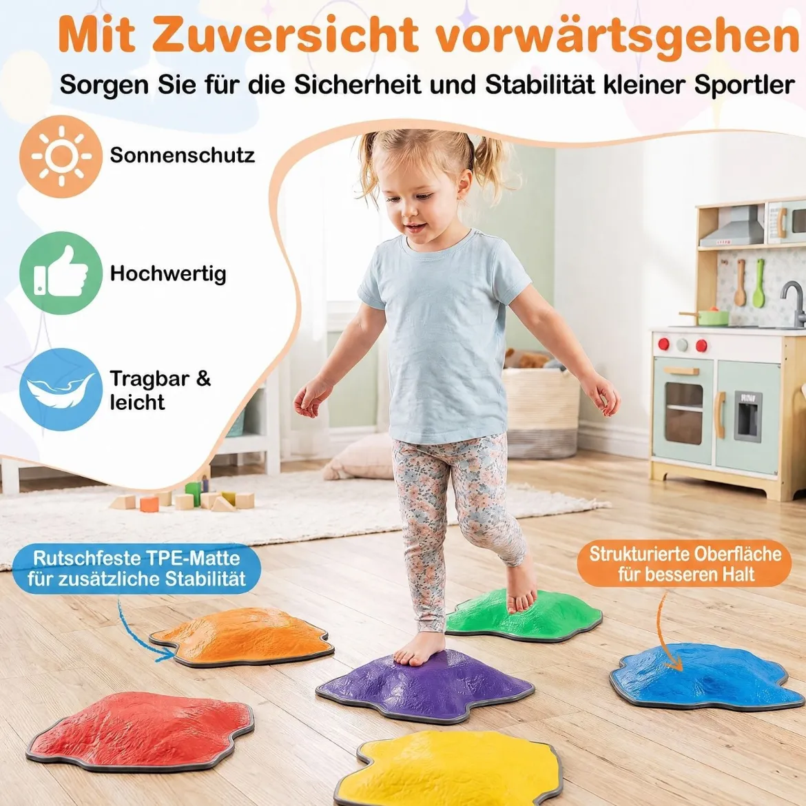 Balanciersteine für Kinder ab 3 Jahren 6-teilig Trittsteine mit Rutschfester TPE-Unterlage Stapelbar