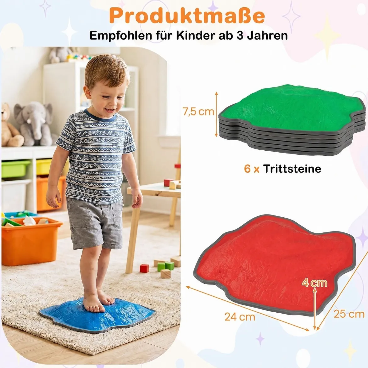 Balanciersteine für Kinder ab 3 Jahren 6-teilig Trittsteine mit Rutschfester TPE-Unterlage Stapelbar
