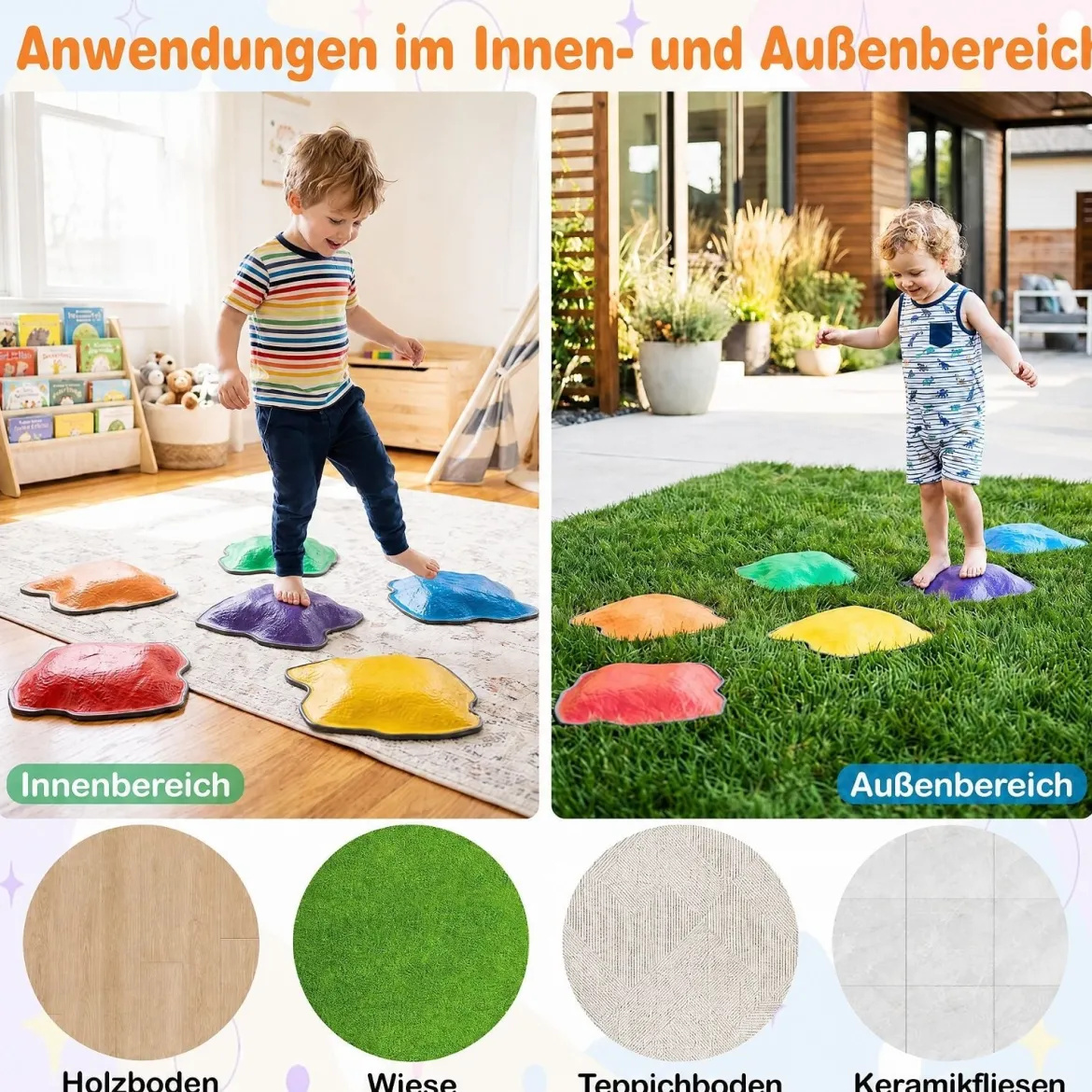 Balanciersteine für Kinder ab 3 Jahren 6-teilig Trittsteine mit Rutschfester TPE-Unterlage Stapelbar