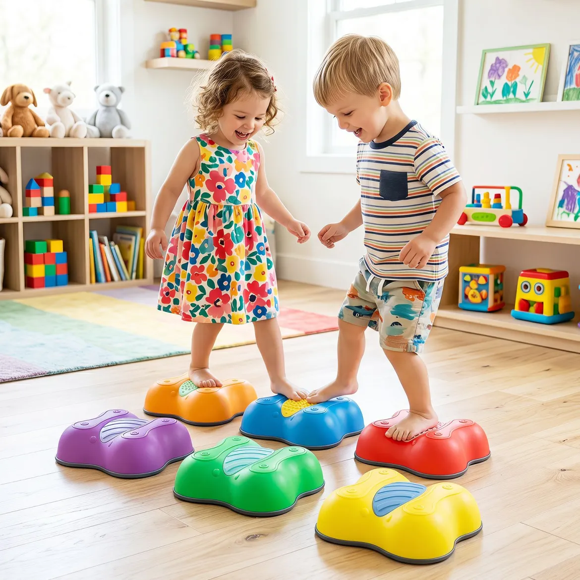 Balanciersteine für Kinder ab 3 Jahren 6er Set Stapelbar Trittsteine mit Abgerundeten Kanten