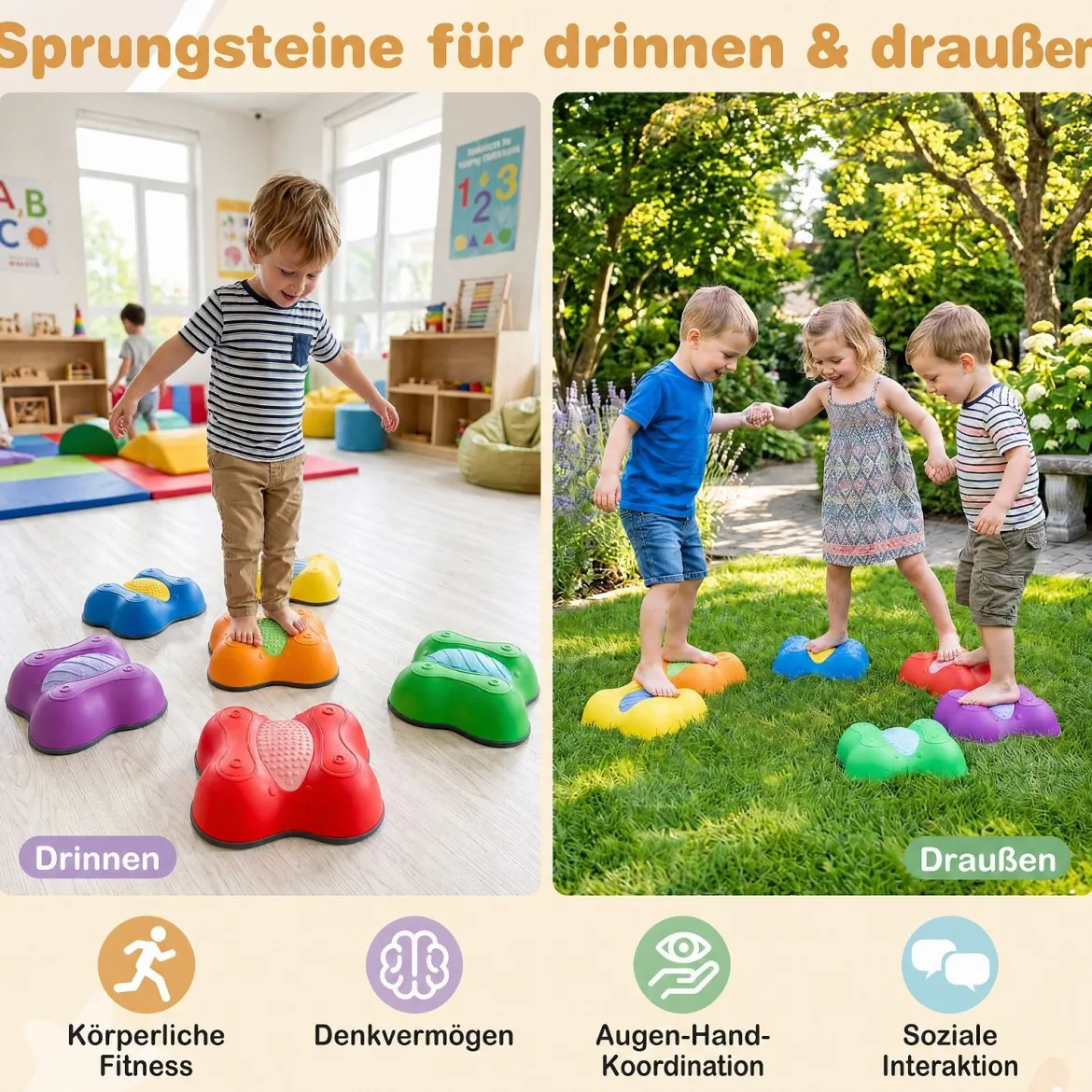 Balanciersteine für Kinder ab 3 Jahren 6er Set Stapelbar Trittsteine mit Abgerundeten Kanten