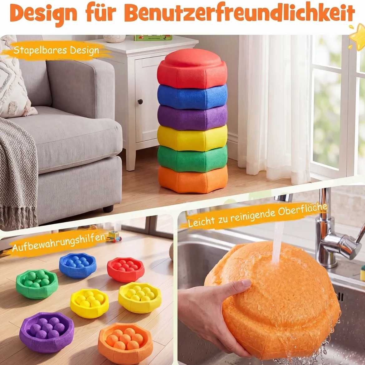 Balanciersteine für Kinder 6er Set Rutschfeste Stapelsteine zur Förderung von Koordination & Gleichgewicht